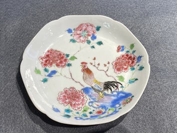 A Chinese famille rose 'rooster' cup and saucer, Yongzheng
