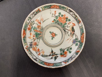 Two Chinese famille verte cup stands, a teapot and a plate, Kangxi