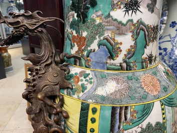 A large gilt bronze-mounted Chinese famille verte rouleau vase, 19th C.