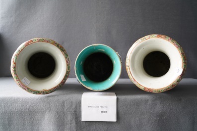 A pair of Chinese Canton famille rose vases and a single vase, 19th C.