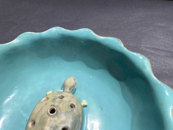 A Chinese famille rose 'lotus' bowl with turtle-shaped flower holder, Qianlong/Jiaqing