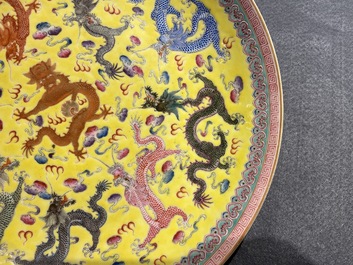 A Chinese famille rose yellow-ground 'dragon' dish, Qianlong mark, Republic