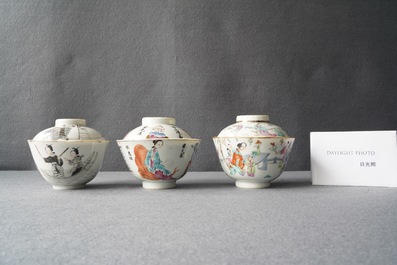 Three Chinese famille rose and grisaille bowls and covers, 19th C.