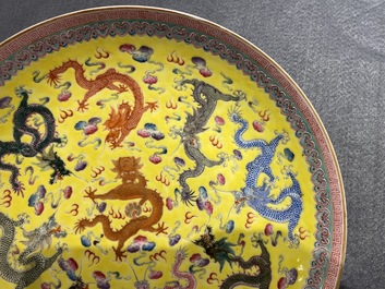 A Chinese famille rose yellow-ground 'dragon' dish, Qianlong mark, Republic