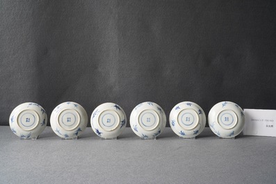 Six Chinese blue and white cups and saucers with horseriders, Kangxi