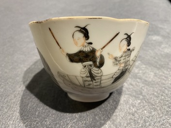 Three Chinese famille rose and grisaille bowls and covers, 19th C.