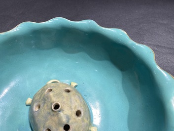 A Chinese famille rose 'lotus' bowl with turtle-shaped flower holder, Qianlong/Jiaqing