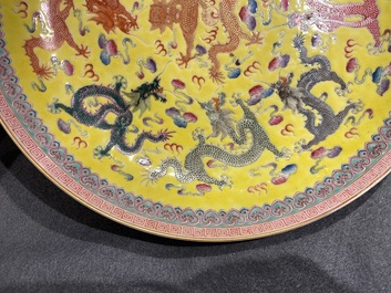 A Chinese famille rose yellow-ground 'dragon' dish, Qianlong mark, Republic