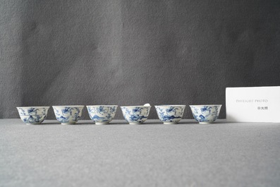 Six Chinese blue and white cups and saucers with horseriders, Kangxi