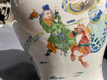 A Chinese gilt bronze lamp-mounted famille rose 'warrior' vase, 19/20th C.