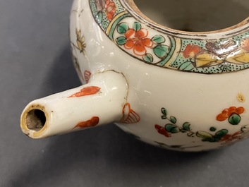 Two Chinese famille verte cup stands, a teapot and a plate, Kangxi