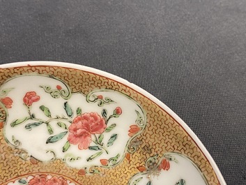 Three Chinese famille rose cups and saucers, Yongzheng/Qianlong
