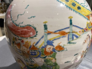 A Chinese gilt bronze lamp-mounted famille rose 'warrior' vase, 19/20th C.