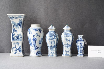Five Chinese blue and white vases, Kangxi