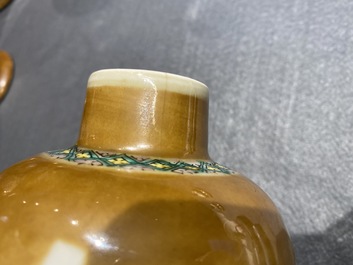 A Chinese famille verte capucin brown-ground four-piece garniture, 19th C.