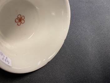 Three Chinese famille rose cups and saucers, Yongzheng/Qianlong