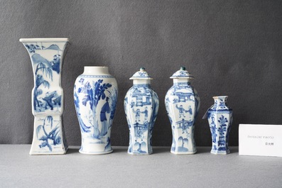 Five Chinese blue and white vases, Kangxi