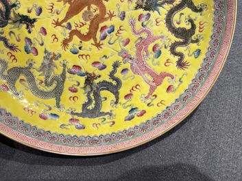 A Chinese famille rose yellow-ground 'dragon' dish, Qianlong mark, Republic