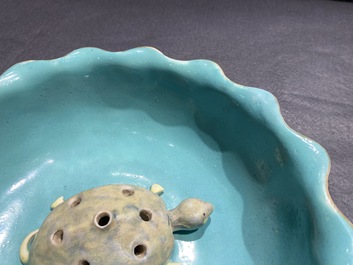 A Chinese famille rose 'lotus' bowl with turtle-shaped flower holder, Qianlong/Jiaqing
