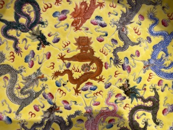 A Chinese famille rose yellow-ground 'dragon' dish, Qianlong mark, Republic