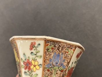 Three Chinese famille rose cups and saucers, Yongzheng/Qianlong