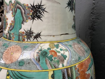 A large gilt bronze-mounted Chinese famille verte rouleau vase, 19th C.