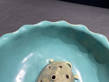 A Chinese famille rose 'lotus' bowl with turtle-shaped flower holder, Qianlong/Jiaqing