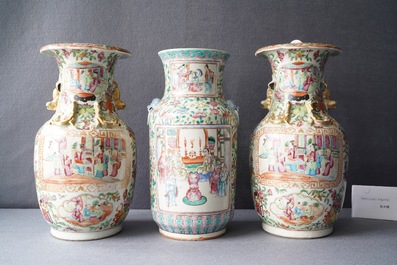 A pair of Chinese Canton famille rose vases and a single vase, 19th C.