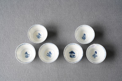 Six Chinese blue and white cups and saucers with horseriders, Kangxi