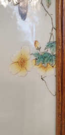 A large Chinese rectangular plaque with a bird on a blossoming branch, seal mark, Republic