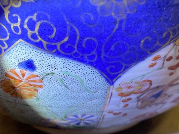 A Chinese verte-Imari powder blue-ground bowl, Kangxi