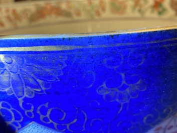 A Chinese verte-Imari powder blue-ground bowl, Kangxi