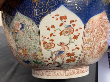 A Chinese verte-Imari powder blue-ground bowl, Kangxi