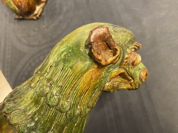 Une paire de mod&egrave;les de lions gardiens en porcelaine de Chine &agrave; &eacute;mail sancai, Ming