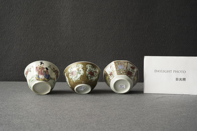 Three Chinese famille rose cups and saucers, Yongzheng/Qianlong