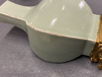 A pair of Chinese monochrome celadon vases with gilt bronze mounts, 18/19th C.