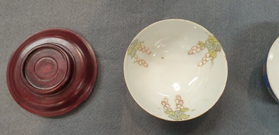 Four Chinese blue-ground bowls with floral designs, Yongzheng mark, Republic