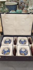 Four Chinese blue-ground bowls with floral designs, Yongzheng mark, Republic