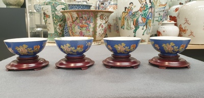 Four Chinese blue-ground bowls with floral designs, Yongzheng mark, Republic