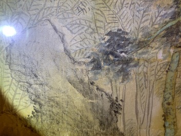 Chinese school, ink and colour on silk, 20th C.: 'Three landscape views'