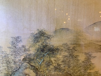 Chinese school, ink and colour on silk, 20th C.: 'Three landscape views'