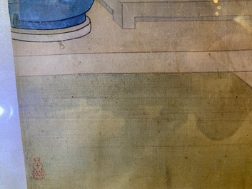 Chinese school, ink and colour on silk, 18th C.: 'The making up of lady'