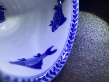 Seven Chinese blue and white cups and saucers, Kangxi