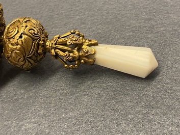 A Chinese agate and crystal-embellished gilt bronze Mandarin hat finial, 18th C.