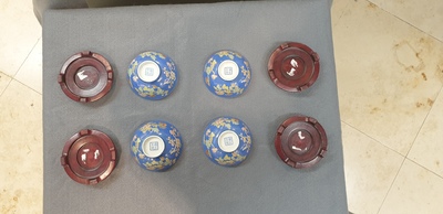 Four Chinese blue-ground bowls with floral designs, Yongzheng mark, Republic
