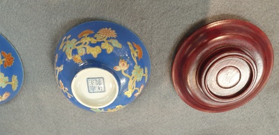 Four Chinese blue-ground bowls with floral designs, Yongzheng mark, Republic