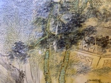 Chinese school, ink and colour on silk, 20th C.: 'Three landscape views'