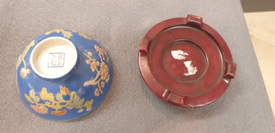 Four Chinese blue-ground bowls with floral designs, Yongzheng mark, Republic
