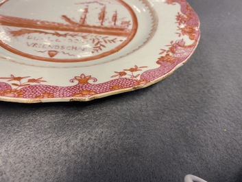 A Chinese export 'Nordic Society' plate dated 1785 and one inscribed 'Dus Leydons Vriendschap', Qianlong