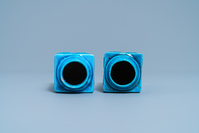 A pair of Chinese monochrome turquoise 'cong' vases with trigrams, 19th C.